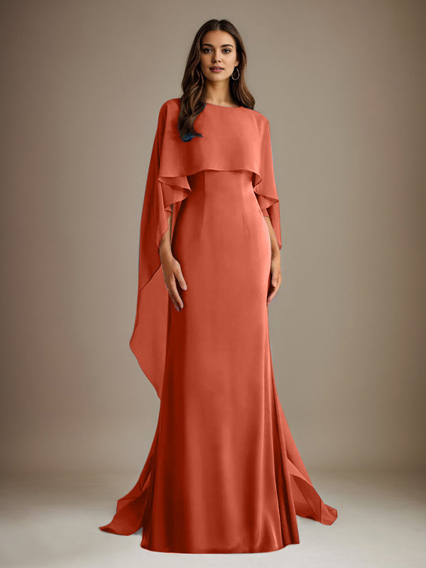 Etuikleid/Säulenkleid Bootsausschnitt bodenlanges Chiffon Mutter-des-Braut-Kleid mit kaskadierenden Rüschen