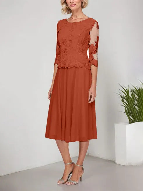 A-Linie Rundhals Tee-Länge Spitze Chiffon Mutter-der-Braut-Kleid mit Stickerei