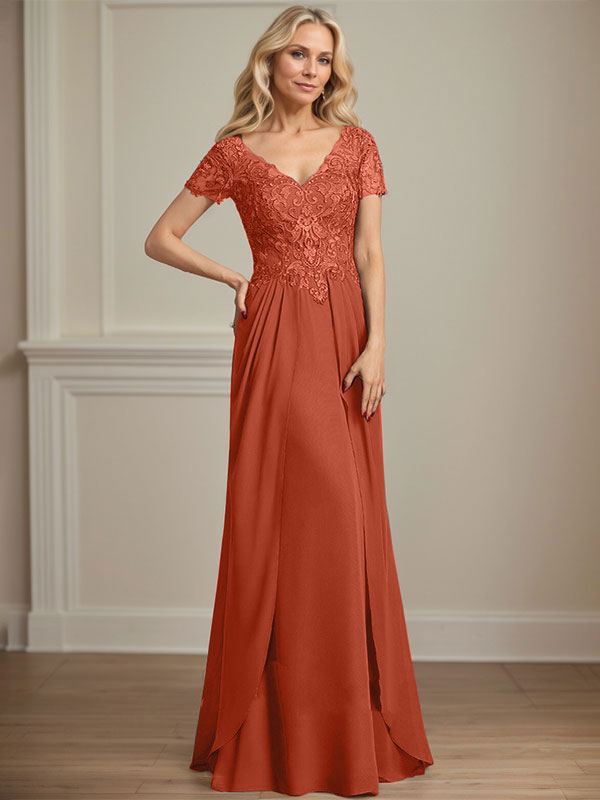 A-Linien Chiffon-Spitzen-Mutter-der-Braut-Kleid mit V-Ausschnitt, bodenlang