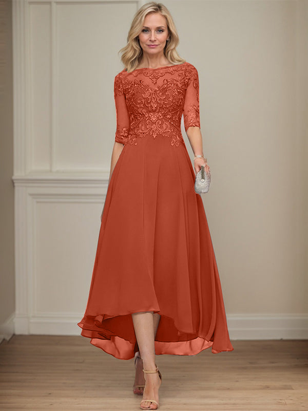 A-Linien Bootsausschnitt Illusionskleid mit asymmetrischem Chiffon-Spitzenstoff, Mutter-der-Braut-Kleid mit Paillettenperlen