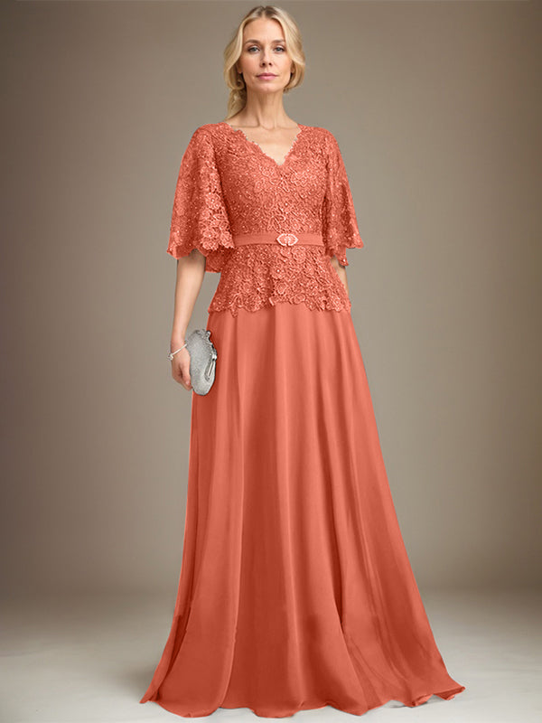 A-Linien V-Ausschnitt Bodenlanges Chiffon-Spitzen Mutter-der-Braut-Kleid mit Kristallbrosche und Strass