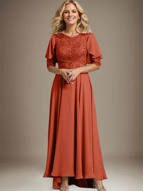 A-Linien Kleid mit Scoop-Ausschnitt, Illusion, asymmetrischem Chiffon und Spitzen, Mutter-der-Braut-Kleid mit Perlenbesatz