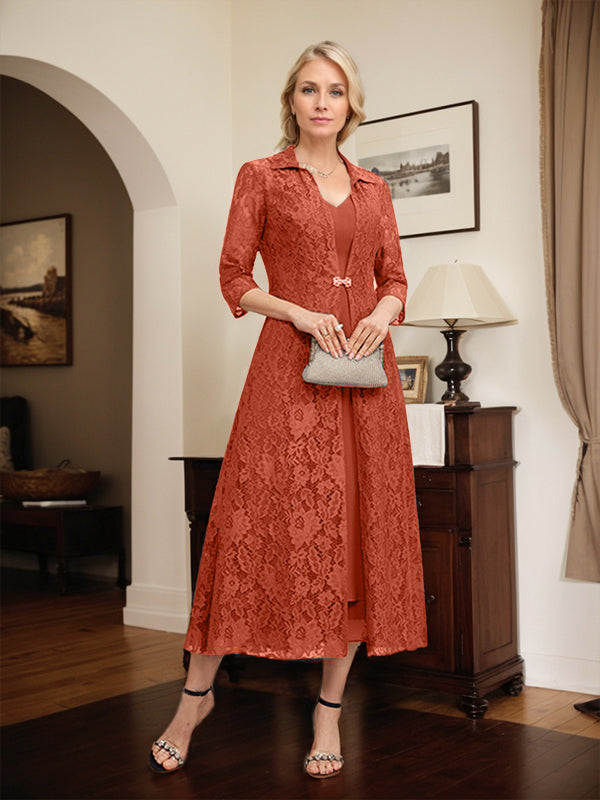 Robe mère de la mariée en mousseline longueur thé à encolure en V et coupe trapèze