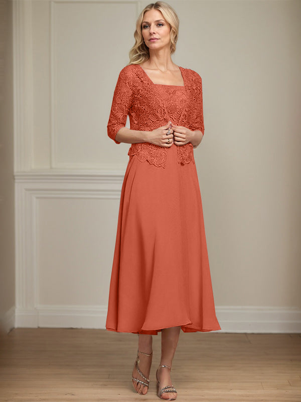 Robe de mère de la mariée en mousseline et dentelle ligne A longueur thé avec perles et sequins