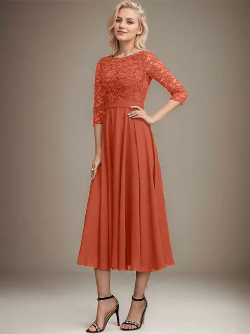 A-Linien Spitzen-Chiffon-Brautmutterkleid mit V-Ausschnitt, tea-length, mit Pailletten