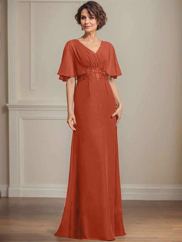 A-Linien Chiffon Mutter-der-Braut-Kleid mit V-Ausschnitt, bodenlang, mit plissierten Pailletten-Applikationen und Spitze