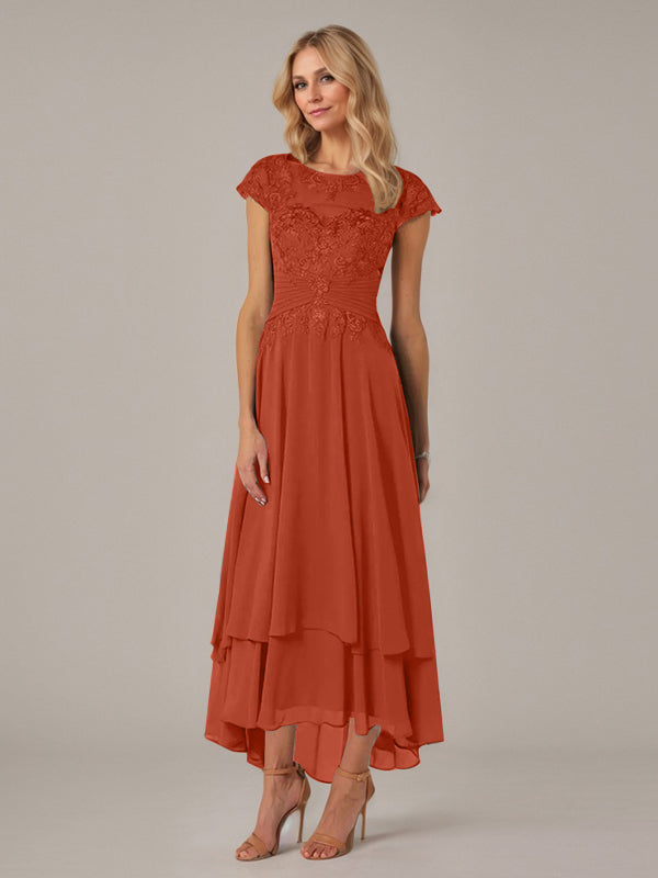 A-Linien Boot-Ausschnitt Illusions asymmetrisches Chiffon-Spitzen Mutterkleid der Braut mit Applikationsfalten