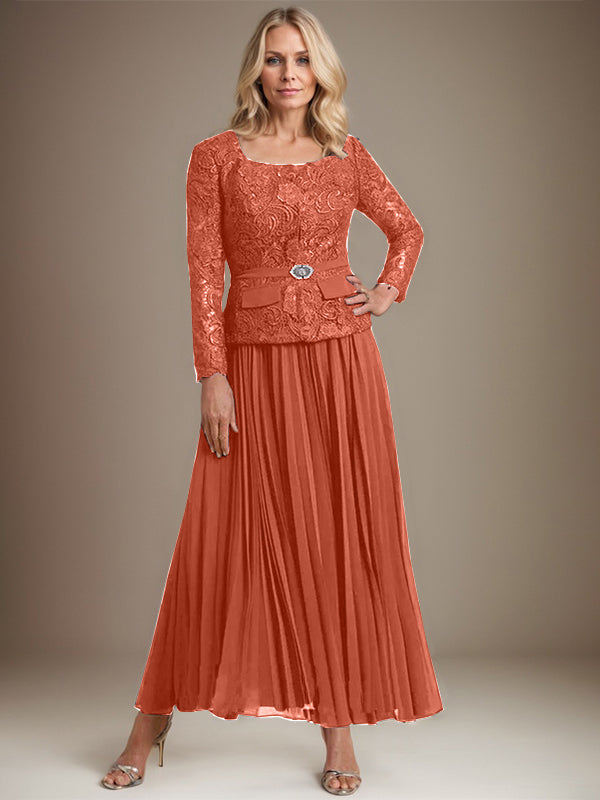 A-Linien-Kleid mit quadratischem Ausschnitt, knöchellang, Chiffon, Mutter der Braut, mit Falten