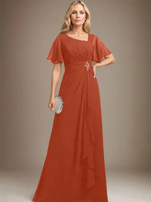 A-Linien asymmetrisches bodenlanges Chiffon Mutter-der-Braut-Kleid mit plissierten Perlen und Pailletten