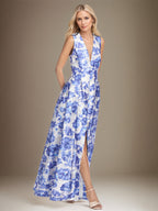 Vestido de Mãe da Noiva Floral Azul Azure com Decote em V e Corte A