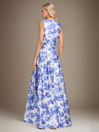 Vestido de Mãe da Noiva Floral Azul Azure com Decote em V e Corte A