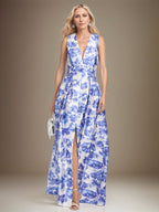 Vestido de Mãe da Noiva Floral Azul Azure com Decote em V e Corte A