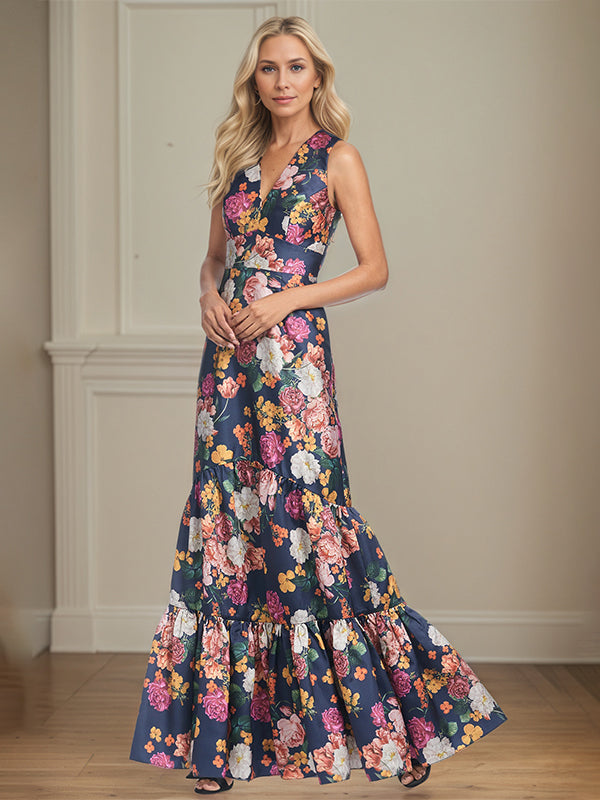 Vestido de mãe da noiva corte A, decote em V, floral com peônias
