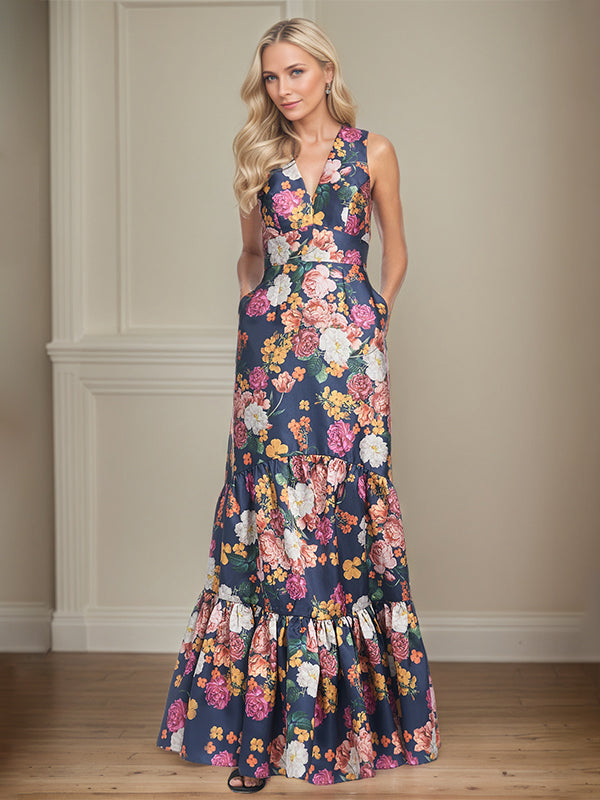 Vestido de mãe da noiva corte A, decote em V, floral com peônias