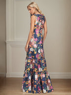 Vestido de mãe da noiva corte A, decote em V, floral com peônias