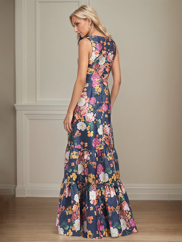 Vestido de mãe da noiva corte A, decote em V, floral com peônias
