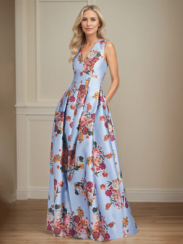 A-Linien-Kleid mit V-Ausschnitt, Pfingstrosenmuster, Mutter-der-Braut-Kleid mit Schlitz