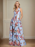 A-Linien-Kleid mit V-Ausschnitt, Pfingstrosenmuster, Mutter-der-Braut-Kleid mit Schlitz