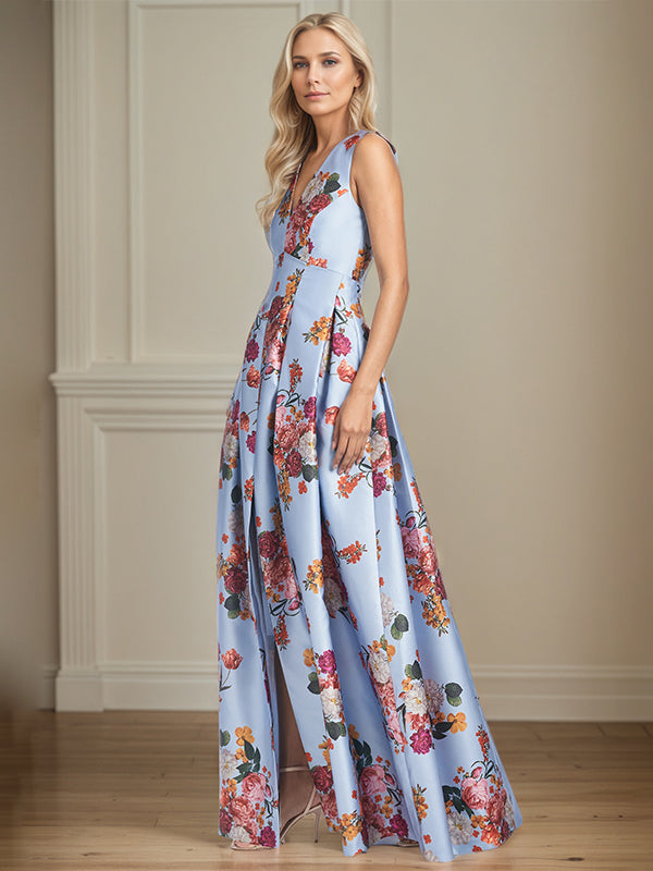 A-Linien-Kleid mit V-Ausschnitt, Pfingstrosenmuster, Mutter-der-Braut-Kleid mit Schlitz