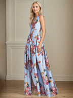 A-Linien-Kleid mit V-Ausschnitt, Pfingstrosenmuster, Mutter-der-Braut-Kleid mit Schlitz