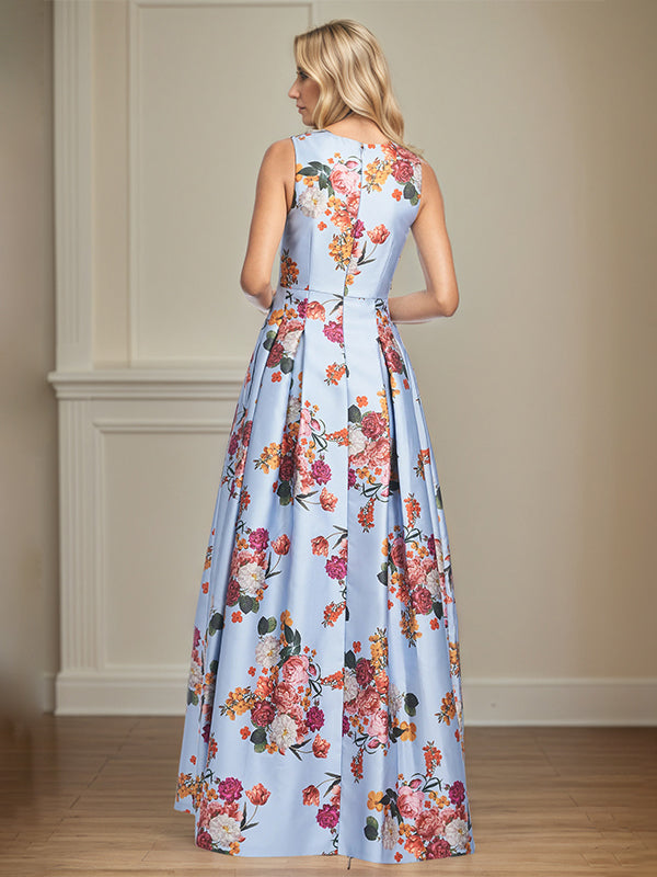 A-Linien-Kleid mit V-Ausschnitt, Pfingstrosenmuster, Mutter-der-Braut-Kleid mit Schlitz