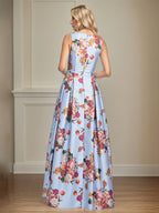 A-Linien-Kleid mit V-Ausschnitt, Pfingstrosenmuster, Mutter-der-Braut-Kleid mit Schlitz