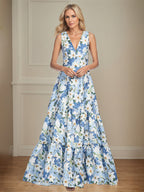 A-Line V-Neck Sleeveless Azure Floral Mother of the Bride Dress