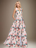 Abito madre della sposa a-line con scollo a V e peonie pesca