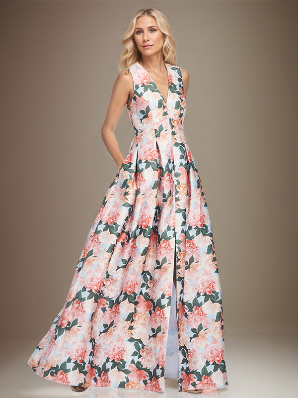 Abito madre della sposa a-line con scollo a V e peonie pesca