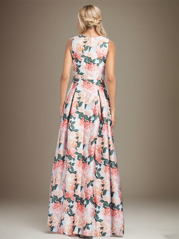 Abito madre della sposa a-line con scollo a V e peonie pesca