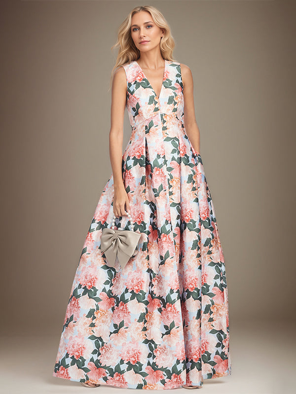 Abito madre della sposa a-line con scollo a V e peonie pesca