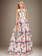 Abito madre della sposa a-line con scollo a V e peonie pesca