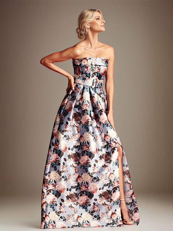 Robe mère de la mariée en satin, ligne A, épaules dénudées, à fleurs