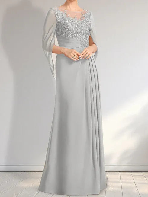 A-Linien Rundhals Illusions bodenlanges Spitzen-Chiffon Kleid für die Brautmutter mit plissierten Pailletten