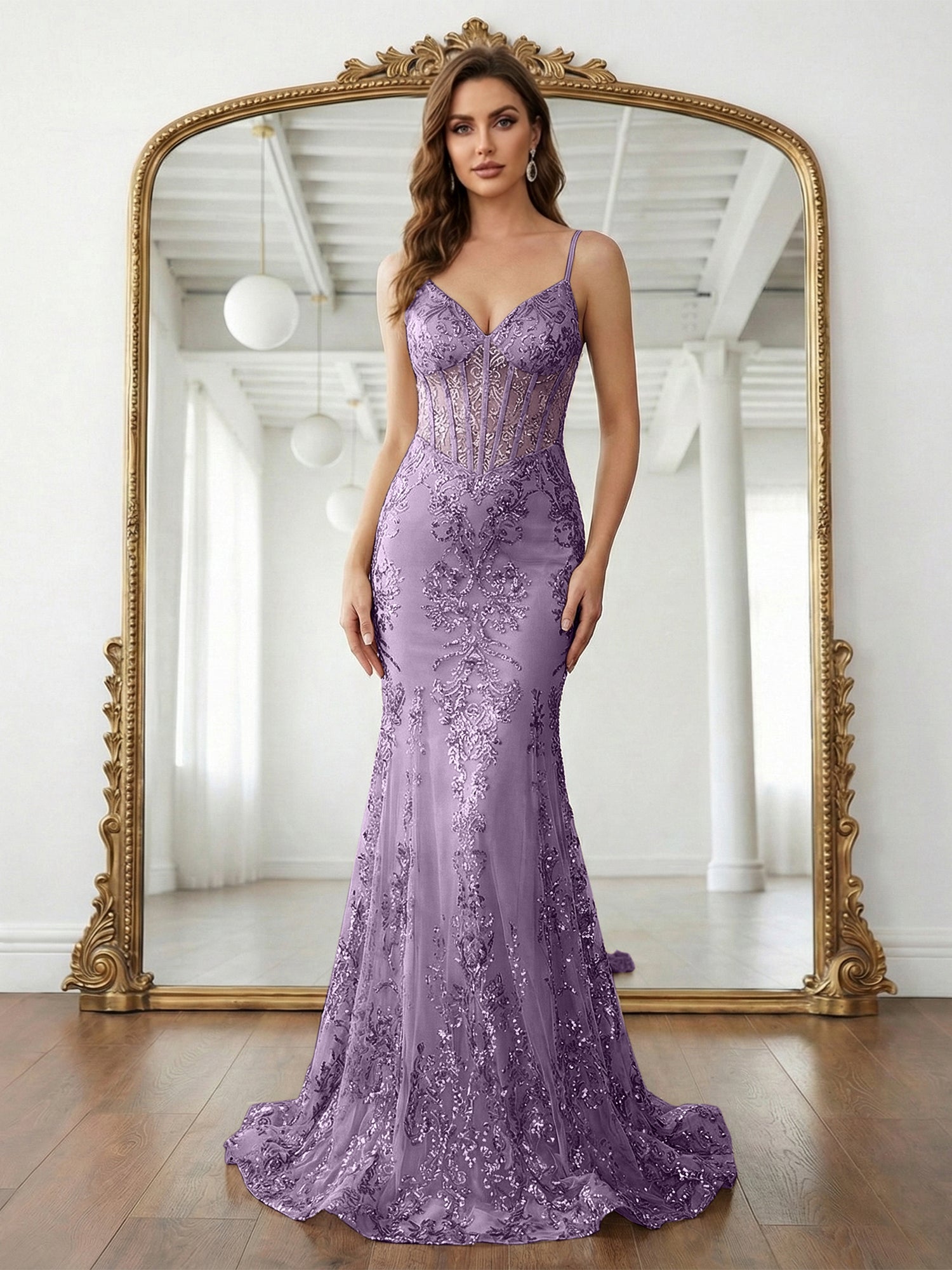 Trumpet/Mermaid Spaghetti Straps Sparkly Sequin Lace Applique Long Prom Dress