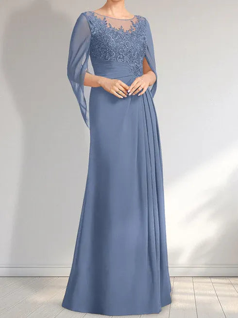 A-Linien Rundhals Illusions bodenlanges Spitzen-Chiffon Kleid für die Brautmutter mit plissierten Pailletten