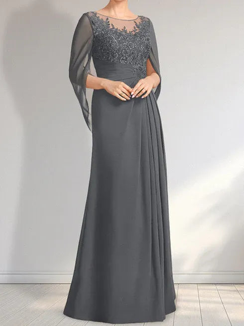 A-Linien Rundhals Illusions bodenlanges Spitzen-Chiffon Kleid für die Brautmutter mit plissierten Pailletten