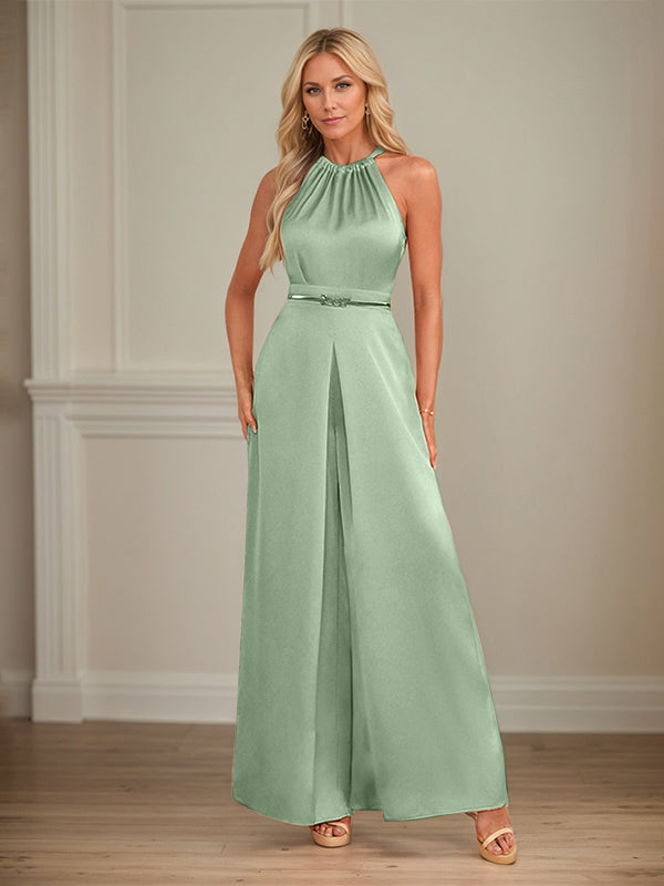 Jumpsuits Neckholder bodenlanges Satin Hochzeitskleid
