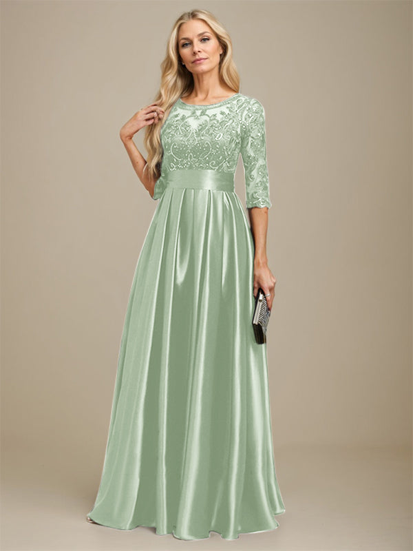 A-Linien Ausschnitt Illusions bodenlanges Stretch-Satin-Spitzenkleid für die Brautmutter mit Schleife und Pailletten