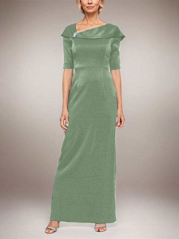 Langes schimmerndes Säulenkleid mit umgeschlagenem Ärmelbündchen, L-Ausschnitt und Ellbogenärmeln