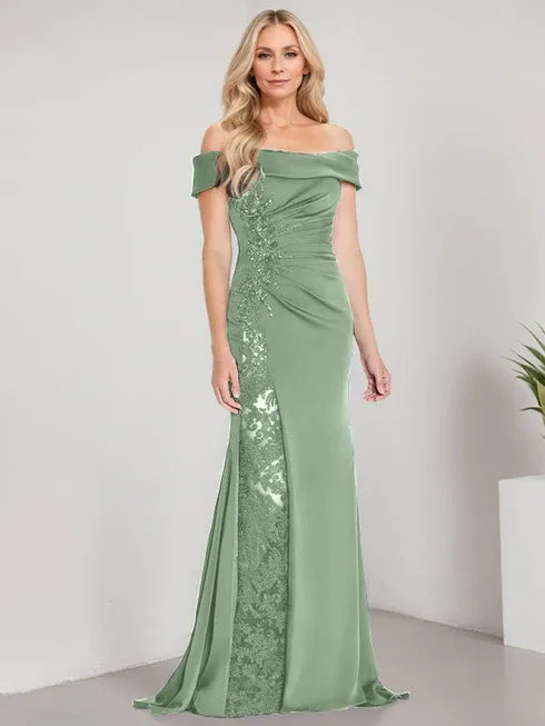 A-Linien Schulterfreies bodenlanges Brautmutterkleid mit Applikationen und Perlenbesatz Meerjungfrauenkleid mit hohem Schlitz
