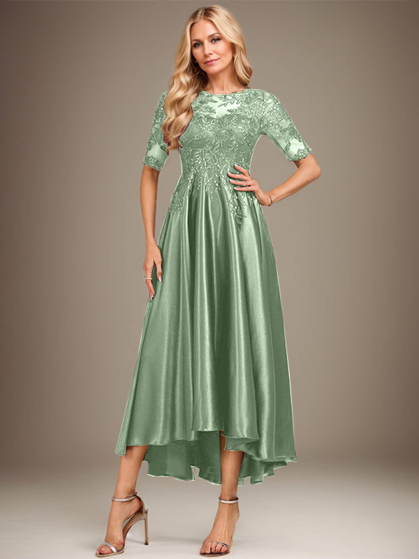 A-Linie Rundhalsausschnitt Illusion Asymmetrisches Stretch-Satin-Spitzen-Brautmutterkleid mit Pailletten