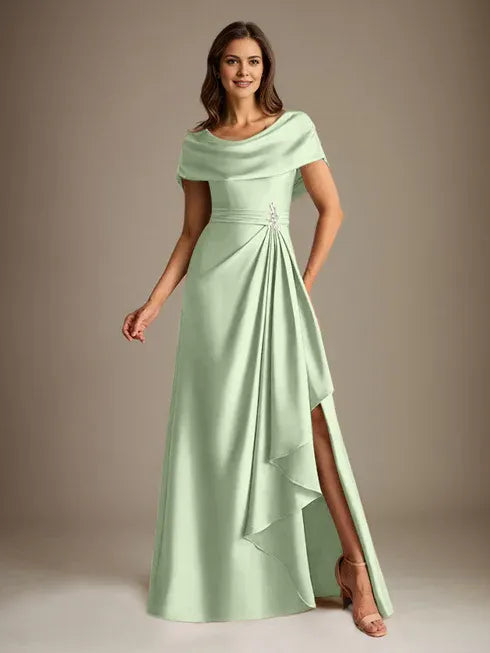 A-Linien-Kleid mit Rundhalsausschnitt, bodenlang, aus Stretch-Satin, Brautmutterkleid mit fallenden Rüschen
