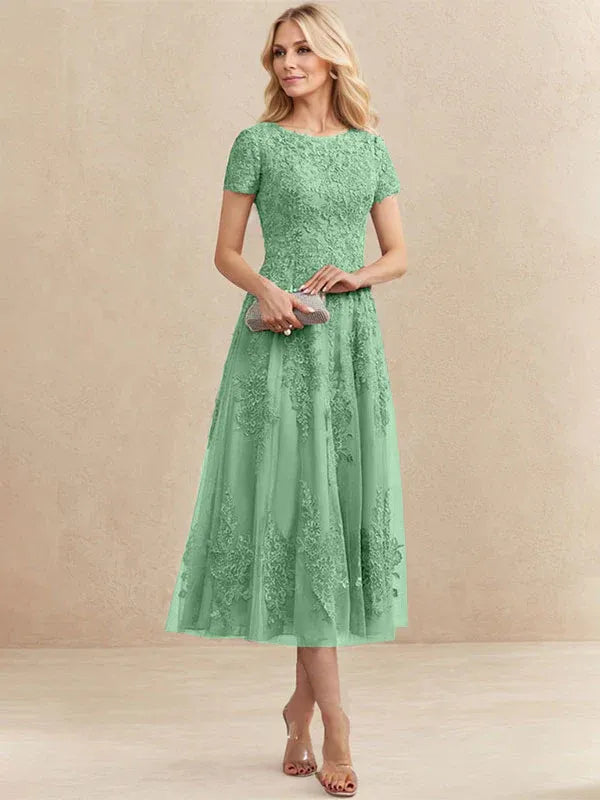 Robe de mère de la mariée A-line en tulle et dentelle, col arrondi, longueur thé