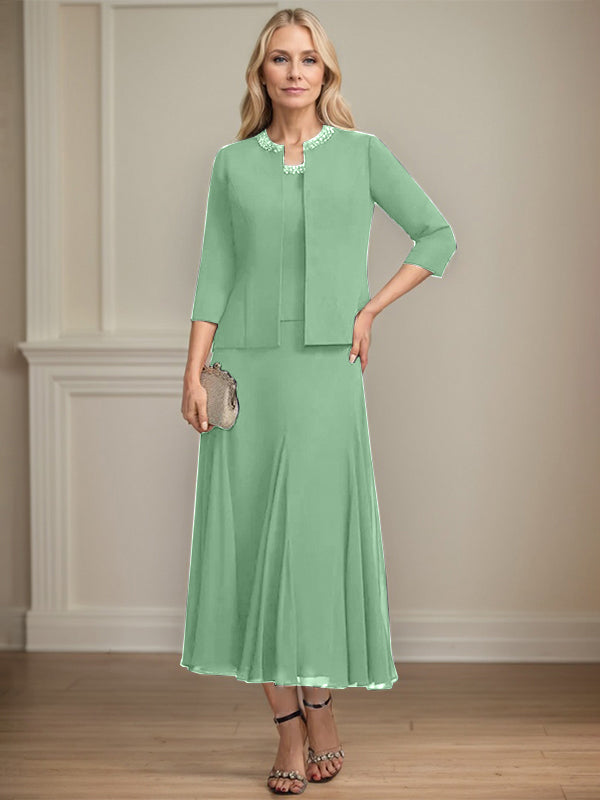 Separates A-Linien Chiffonkleid mit Rundhalsausschnitt, tea-length, Mutter der Braut mit Pailletten und Perlen