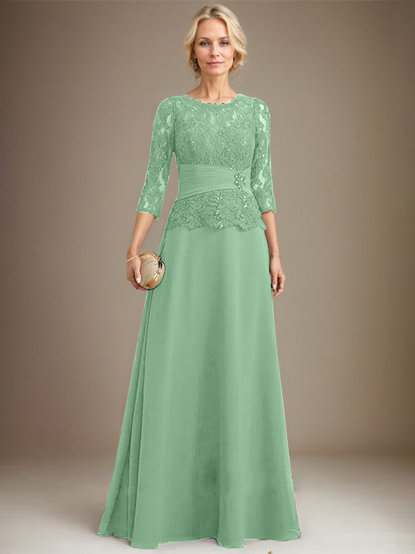 A-Linien Kleid mit Scoop-Ausschnitt, Illusion, bodenlangem Chiffon und Spitze, Mutter-der-Braut-Kleid mit plissierten Pailletten und Perlenbesatz