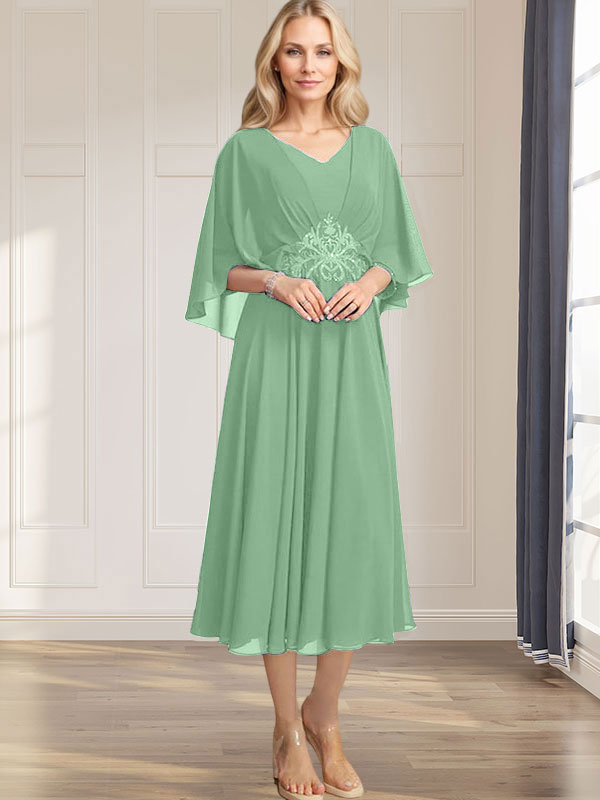 Robe de mère de la mariée en mousseline, longueur thé, col en V, en ligne A, avec appliques plissées, sequins, dentelle et perles
