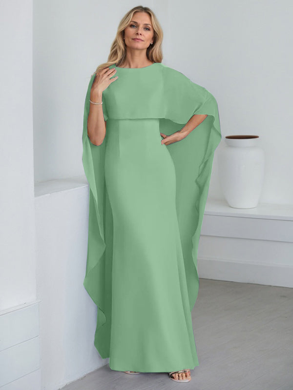 Etui-Kleid mit Rundhalsausschnitt, bodenlang, Chiffon, Mutter-der-Braut-Kleid mit kaskadierenden Rüschen
