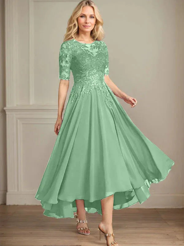 A-Linien Scoop-Ausschnitt Illusion asymmetrisches Chiffon-Spitzen-Mutter-der-Braut-Kleid mit Pailletten