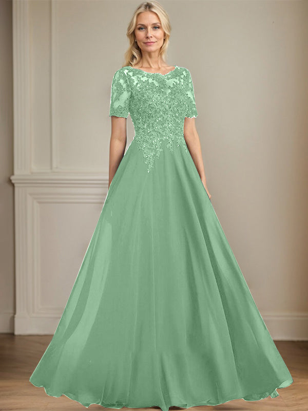 A-Linien Rundhals Illusions-Bodenlanges Chiffon-Spitzenkleid für die Mutter der Braut mit Pailletten und Perlen